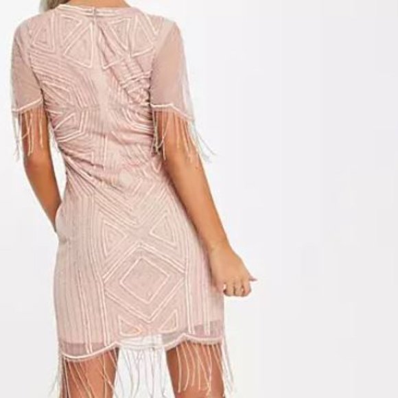 Starlet exclusive cap sleeve fringe sequin mini dress in blush ASOS Size 16 - Picture 3 of 12